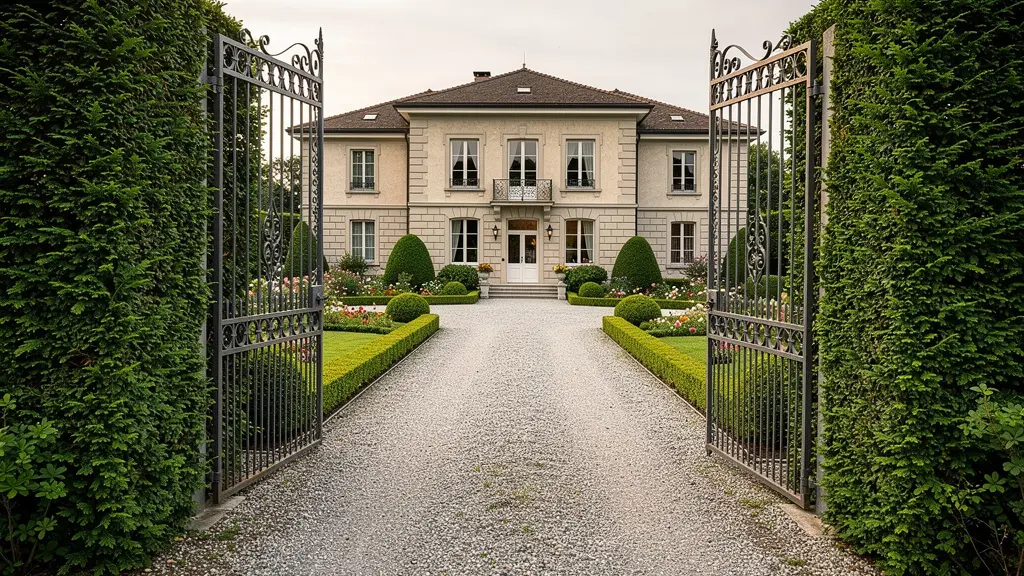 Entrée villa de standing secteur Cologny avec portail fer forgé