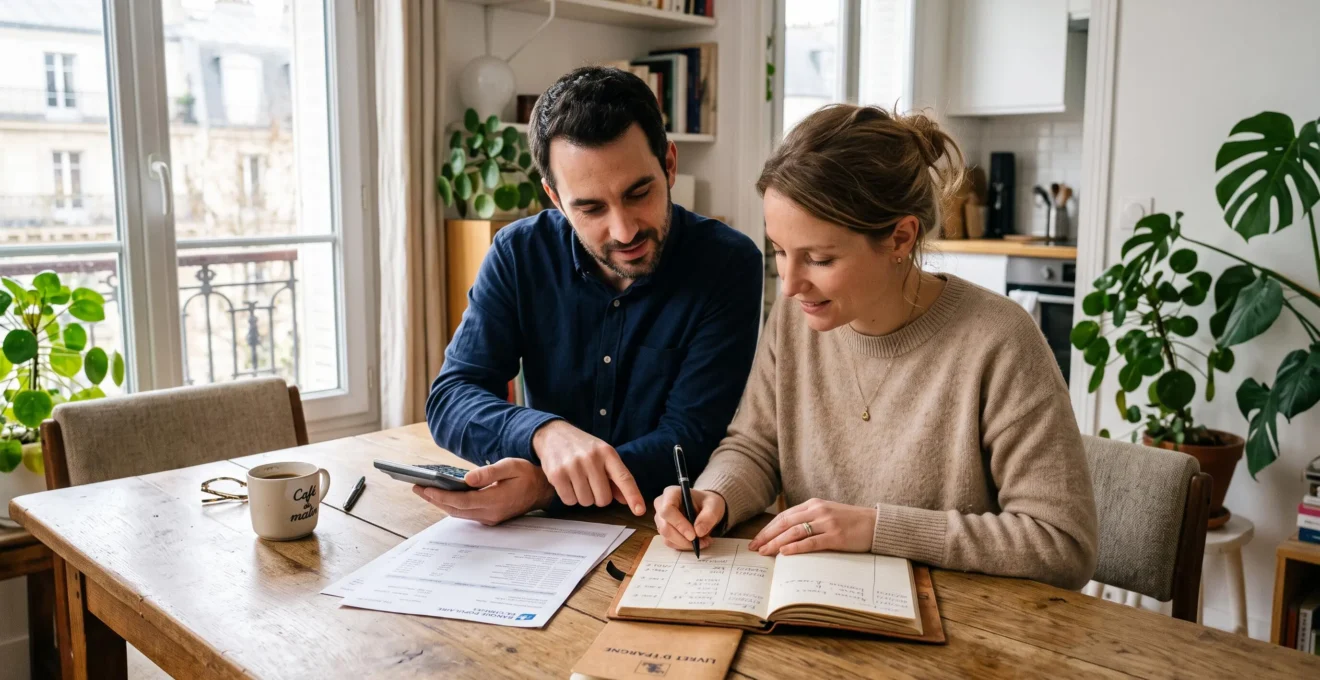 Un couple remplit ensemble un cahier de suivi des versements sur un compte d'épargne.