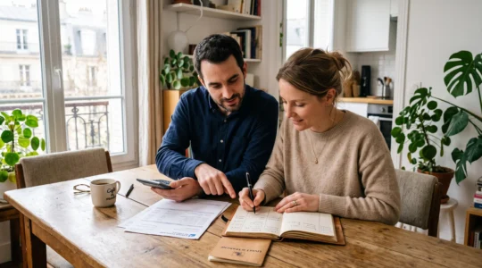 Un couple remplit ensemble un cahier de suivi des versements sur un compte d'épargne.