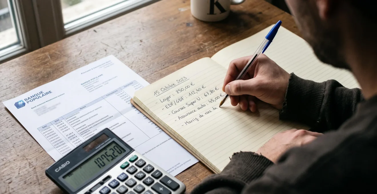 Une main note dans un cahier les montants et dates de versements, relevé bancaire à côté.